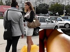 Talkative beauty quickly flashes upskirt